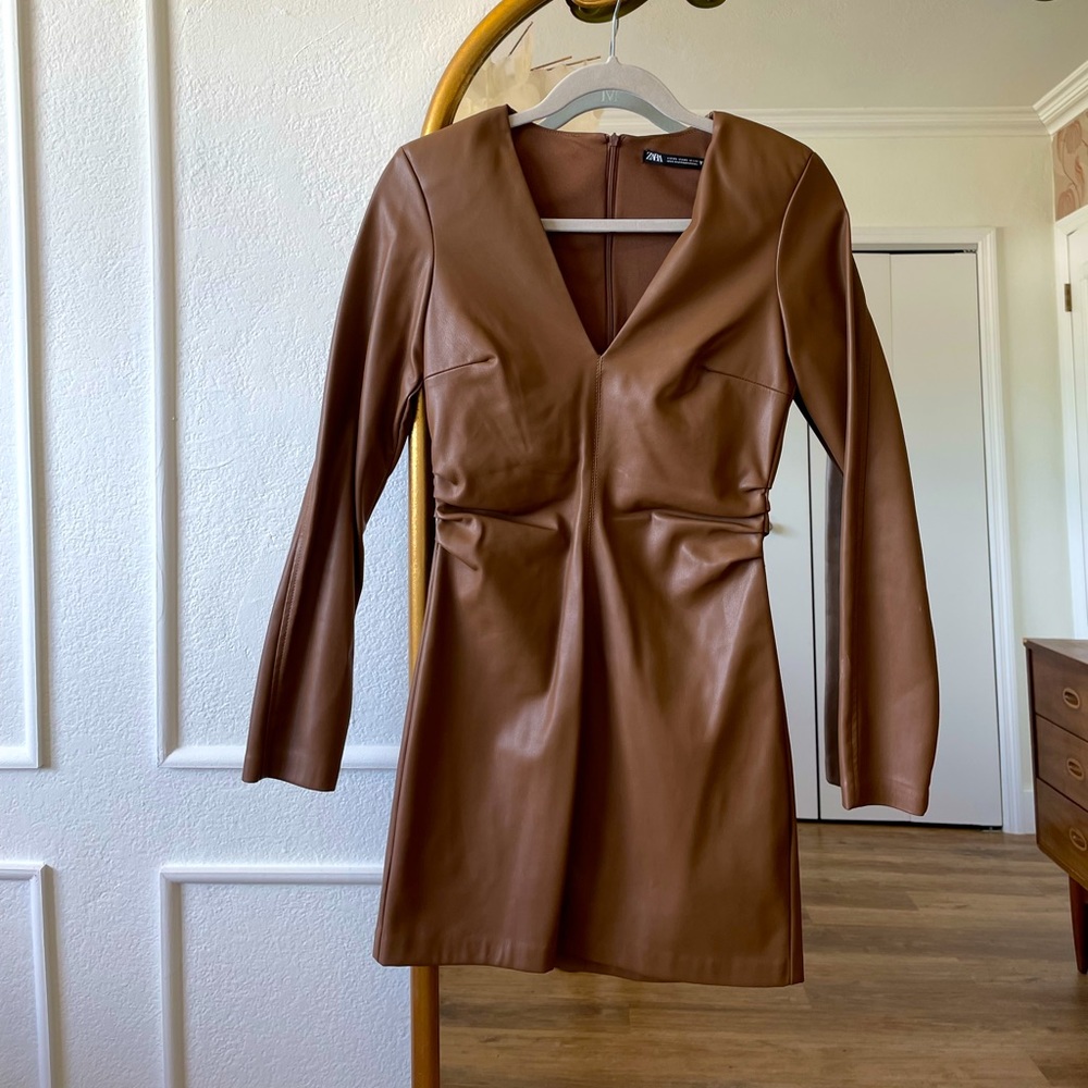 Chocolate Brown Leather Dress, size XS from Zara